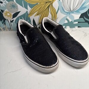 VANS Black sparkle glitter Sequin Slip On Casual Shoes Sneakers Women's 7.5